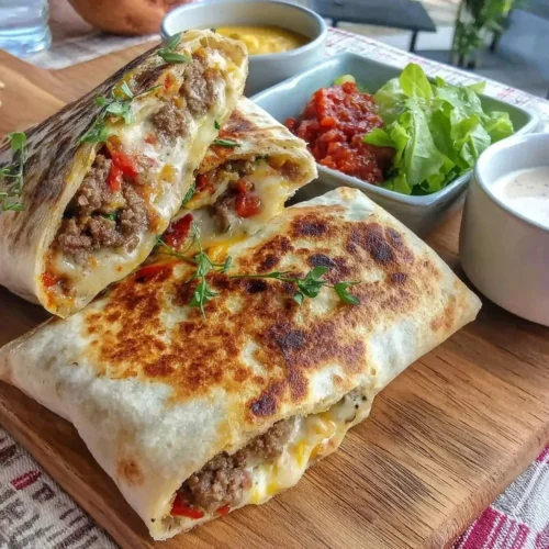 Wrap de carne moída grelhada pronto para ser servido com vegetais frescos