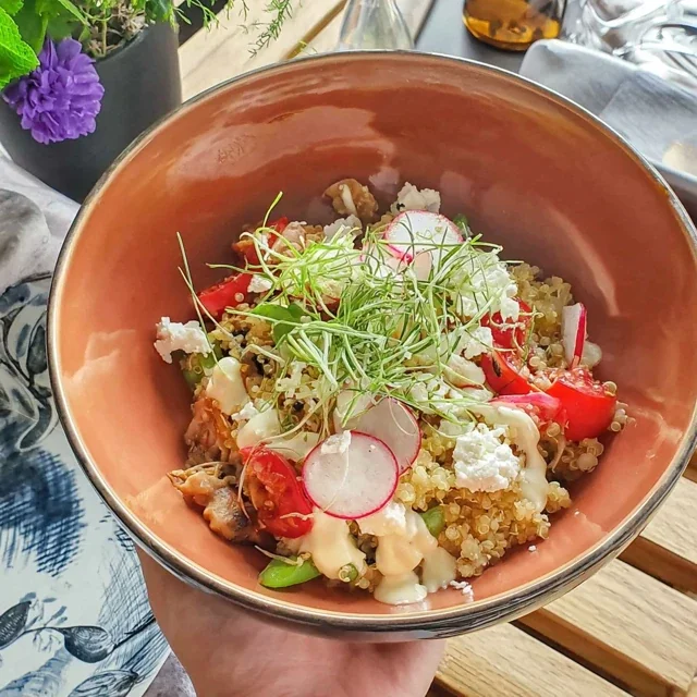 Bowl de Quinoa Saudável e Saboroso com Rabanetes, Ervilhas e Feta