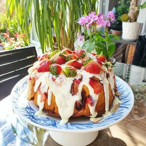 Bolo marmorizado de baunilha e morango decorado e fatiado